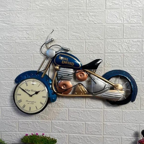 Image of Stylish Iron Metal Bike Wall Mount Analog Clock For Living Room And Home Decoratio (Blue, 28 X 23)