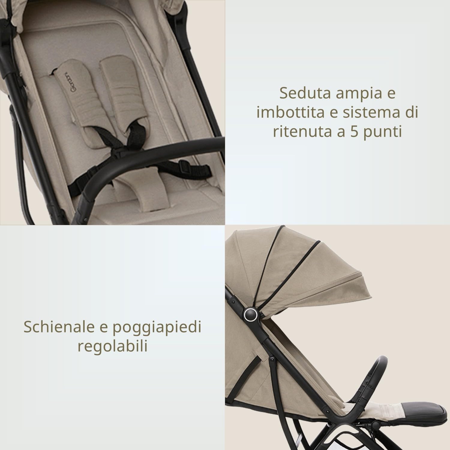 Giordani G-Touch Passeggino Leggero 6.9 kg, Chiusura Automatica One-Touch, da 0 Mesi a 22 kg,Seduta Imbottita, Ruote con Sospensioni e Dettagli in Ecopelle, Compatto e Salvaspazio, Beige