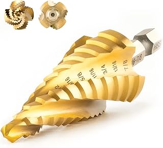 Four Sprial Flute Step Drill Bit, 3/16"-7/8" Impact Ready Titanium Coated Unibit Step Bit, 1/4" Hex Shank Unibit for Metal, Stainless Steel, Aluminum, Wood, Plastic
