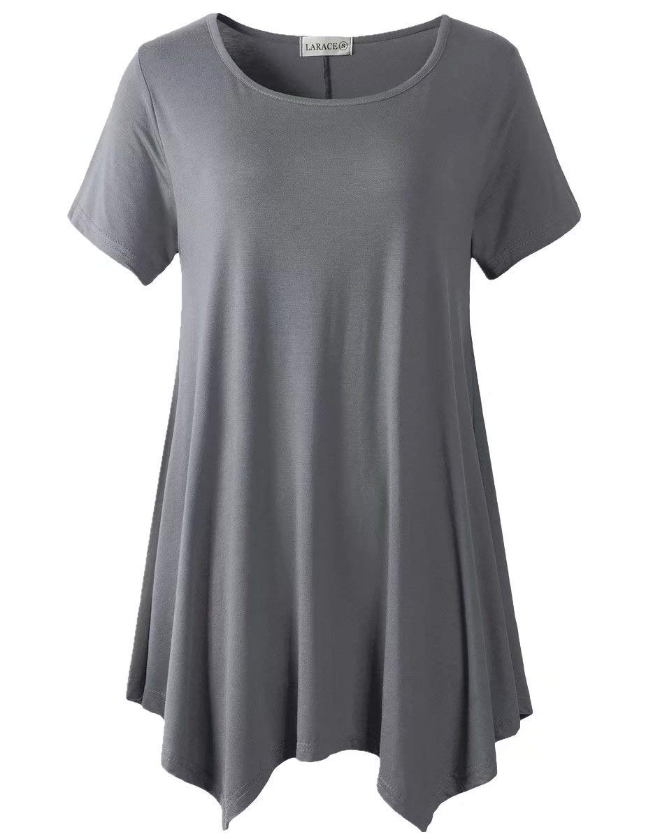 LARACE Short Sleeve Shirts for Womens Plus Size Tops Casual Summer Clothes Asymmetrical Tunic Blouses, Deep Gray, L