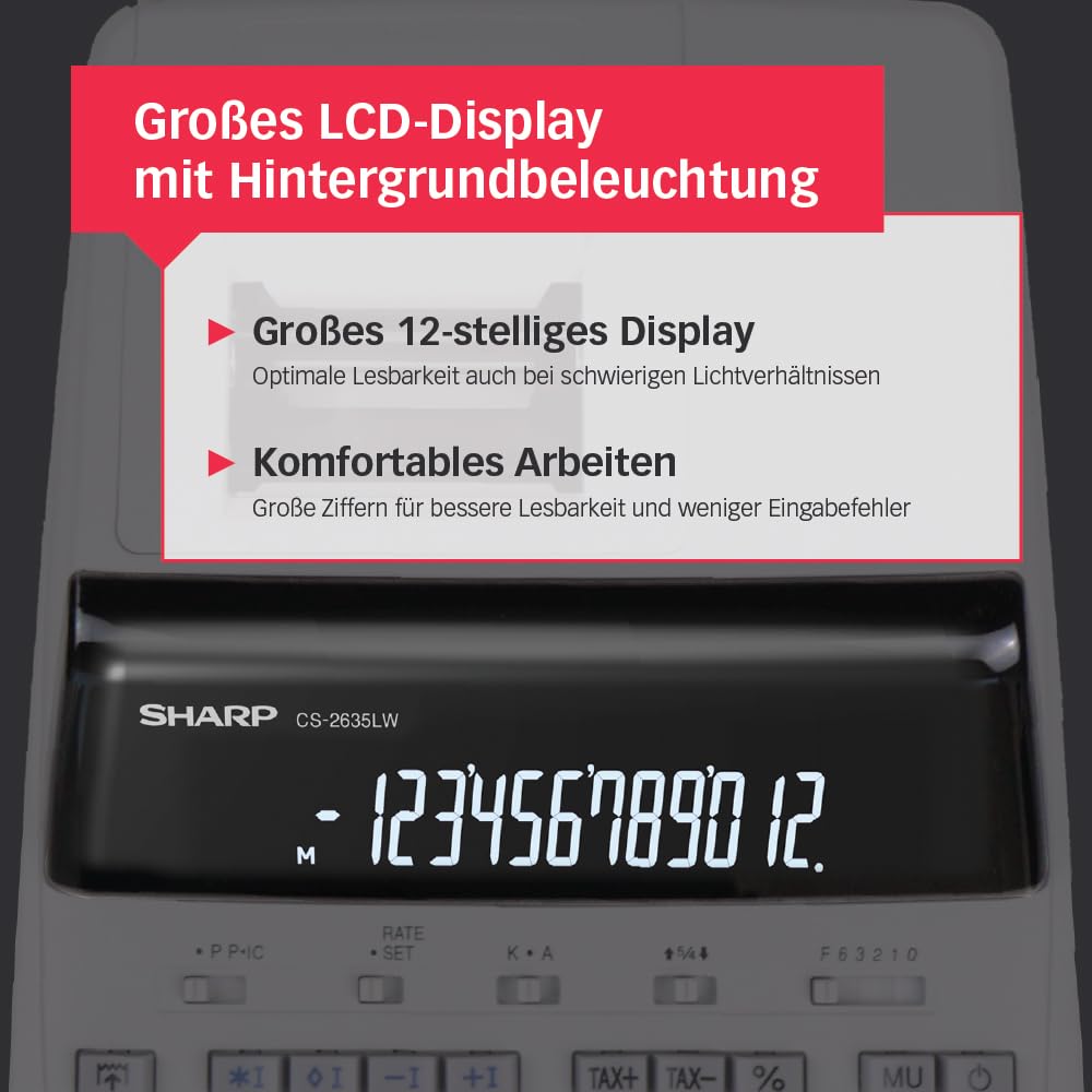 Sharp CS-2635LW Druckender Tischrechner, 12-stellig, LCD Display, Tax & Währungsumrechnung, schwarz/rot Druck, Heavy-Duty-Druckwerk, Netzanschluss