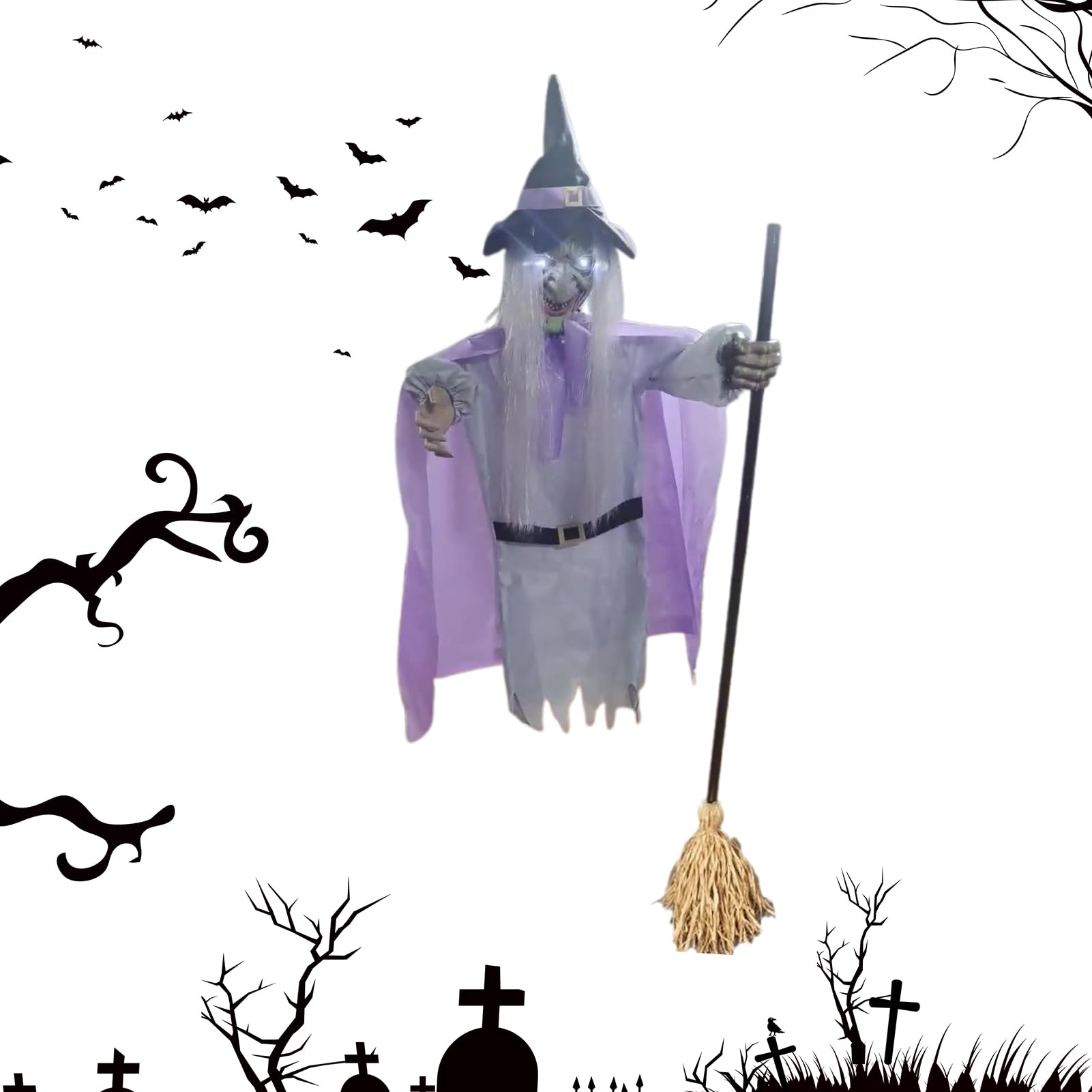 Latająca 183 cm Animowana Realistyczna Ozdoba Halloween | Rekwizyt Latającej Czarownicy Naturalnej Wielkości dla Nawiedzonego Domu, Imprez, Świąt, Podwórka, Ogrodu,
