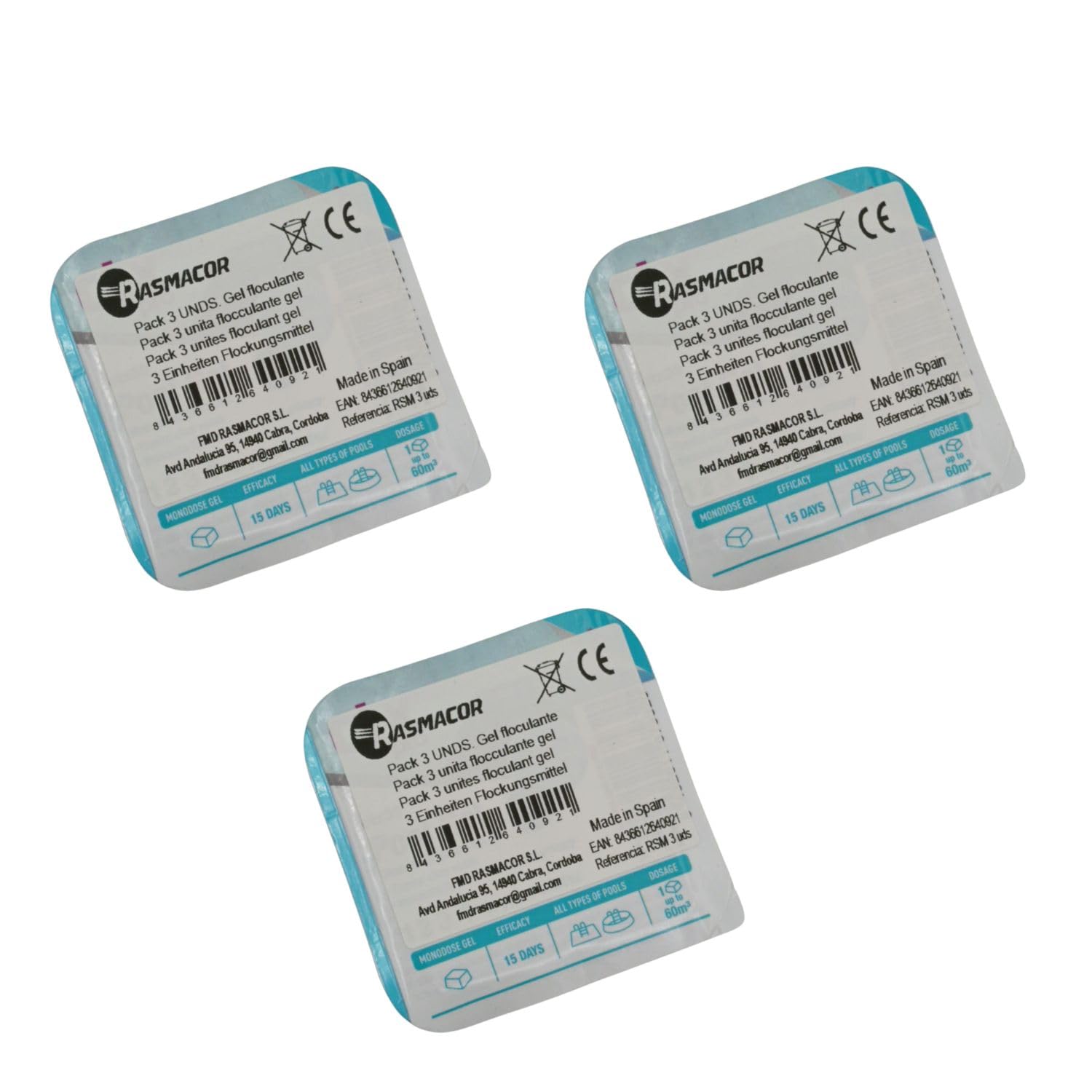 RASMACOR Pack 3 Unidades Floculante Gel monodosis | Gel para Piscina | Limpiador y clarificador de Agua para Piscinas | Transparencia Total del Agua | Distribuido