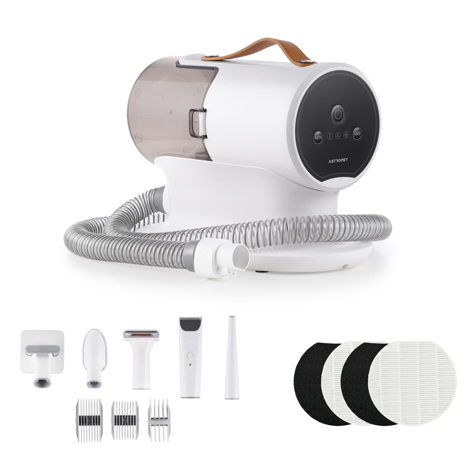 AstroPet Tosatrice elettronica per cani con aspirapolvere, tagliacapelli silenzioso con 5 strumenti per la cura, contenitore polvere da 2 litri (ACGV-001+AAVF-001)