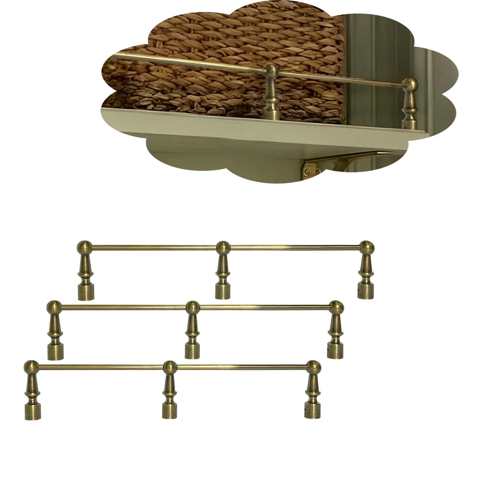 Jievmrs Wood Shelf Edging Guardrail 1 2 3 Pack, Antique Brass Fence Rail Set for Shoe Racks/Cabinets, Floating Shelf Tipping Railing Decorative Brass Rails(3 PCS,19in/48cm)