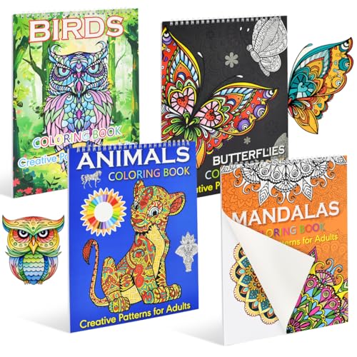 VGECEE 4 Pezzi Libro da Colorare per Adulti, Libro Mandala da Colorare Adulti 60 Motivi inclusi Animali/Madalas/Uccelli/Farfalli Rilegatura a Spirale Libro da colorare per Ansia Rilassarsi per Donna