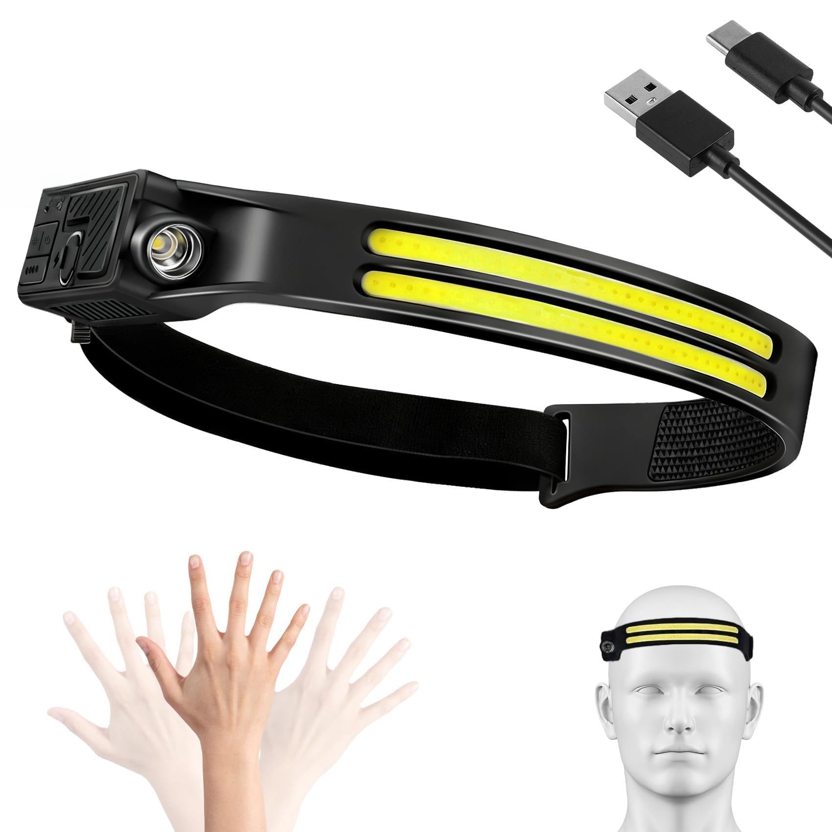 Pinmxaex Rechargeable Head Torch with 230° Wide Beam - Super Bright LED Headlamp, IP68 Waterproof, Motion Sensor, Red Light & 8 Modes for Running, Camping, Fishing, Cycling
