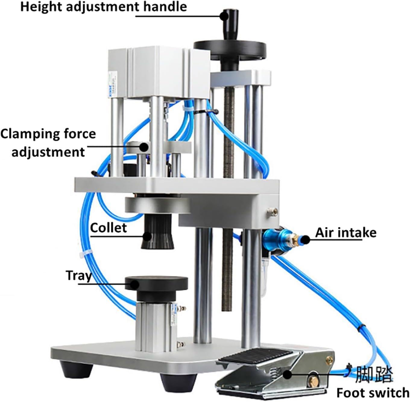 Máquina prensadora neumática de viales, sellado semiautomático con interruptor de pie, altura ajustable, alta eficiencia para sellado de aluminio y plástico (20 mm)