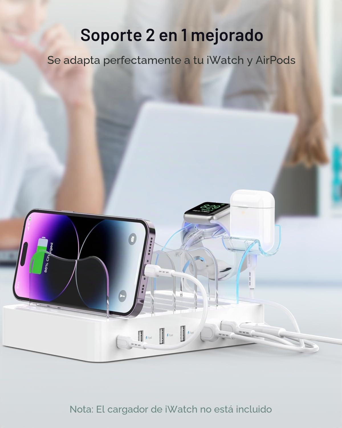 SooPii 60W Estación de Carga de 6 Puertos, PD 20W USB C Carga rápida para lPhone 14/13/12, 2 en 1 i Watch Holder, 6 Cables Cortos incluidos para teléfonos, tabletas y Otros, Blanco