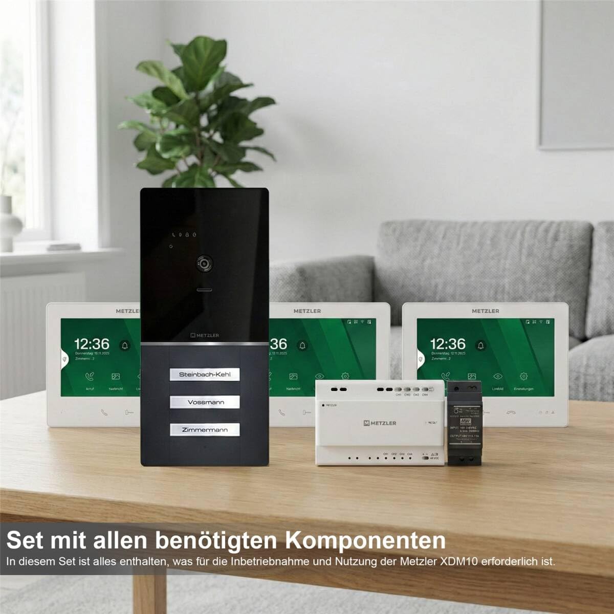 Metzler XDM10 Kit complet d'interphone vidéo avec plaque nominative interchangeable pour 3 maisons familiales | Interphone vidéo avec connexion bus à 2 fils | RAL 9016 blanc trafic | Application