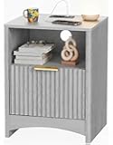 Nightstand with Charging Station, Fluted Bedside Table with Storage & Drawers, Modern End Tables with USB & AC Outlets, Small Wood Night Stand for Bedroom, Light Gray