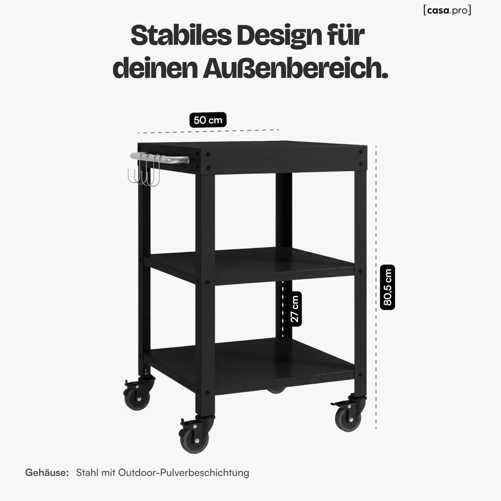 casa.pro Outdoor Servierwagen Bolognano Garten Rollwagen Stahl 81 x 50 x 50 cm Grillwagen mit 4 Haken Rollen mit Feststellbremsen Schwarz matt