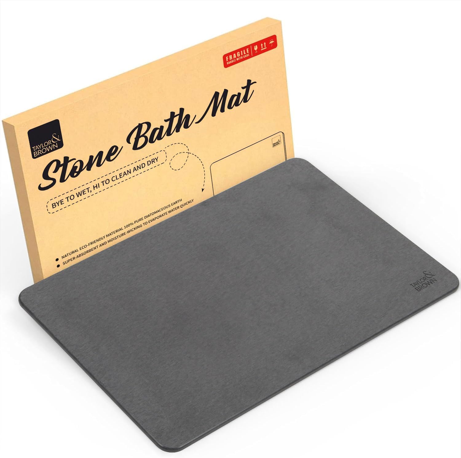 Non-Slip Absorbent Stone Bath Mat - Diatomaceous Earth Bathroom Shower Floor Mat - Quick Dry Anti Mould, Antibacterial Easy to Clean, Safe and Comfy Bathroom Decor Mat 60x39cm (Plain, Dark Grey)