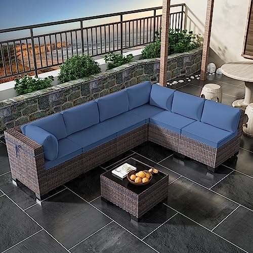 Image of 7 Pieces Outdoor Patio Furniture Set,Outdoor Sectional Furniture All Weather PE Rattan Wicker Patio Conversation Set with Coffee Table and 6 Thickened Cushions,Navy Blue