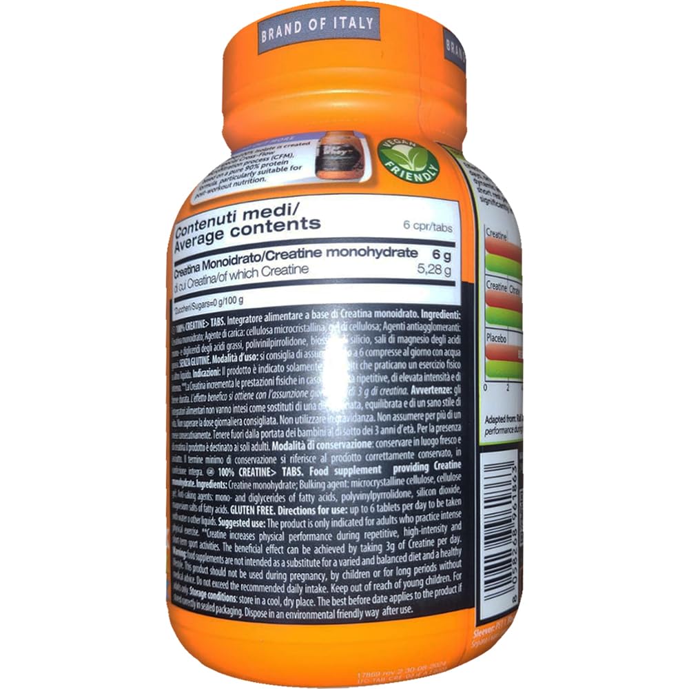 100% Creatine TABS 120 Compresse, 2 Confezioni - Integratore Alimetnare a base di Creatina Monoidrato, Incrementa Le Prestazioni Fisiche, Senza Glutine e Lattosio