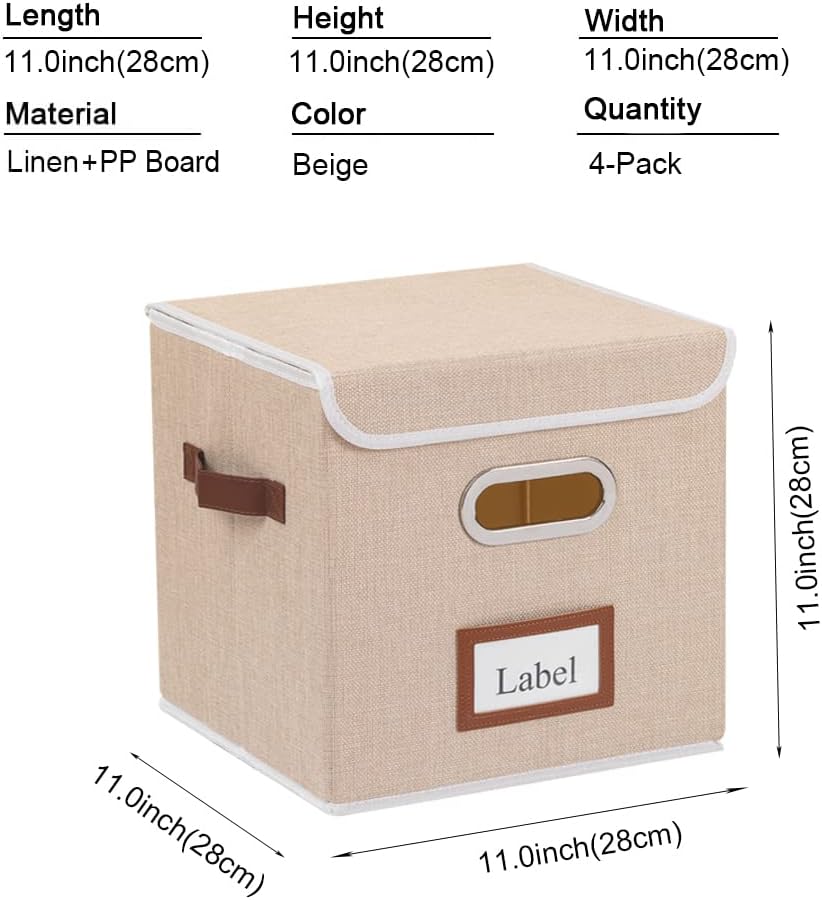 Yawinhe 4 Packs Storage Boxes, 11 x 11 x 11 Inch Storage Cubes, Storage Bins Organizer Containers with Dual Leather Handles for Home Bedroom Closet Office (Beige, 4-Pack)