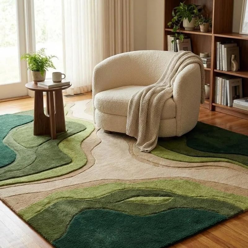 Hand Tufted Wool Area Rug 10x14 Ft (120x168 Inch) Modern Abstract Green Beige Carpet for Living Room Bedroom Soft Thick Handmade Luxury Rug