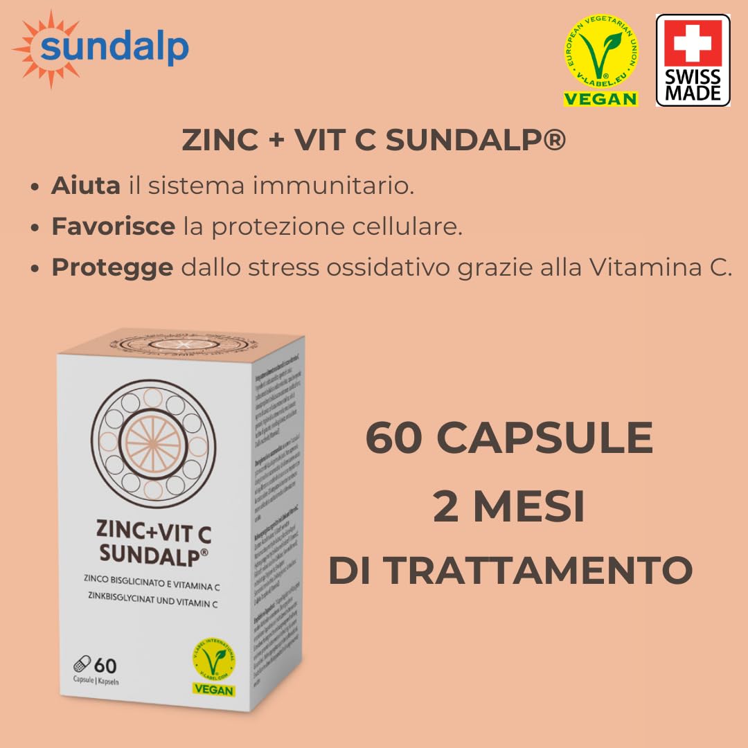SUNDALP Zinc + Vit C | Integratore per Sistema Immunitario e Stanchezza | Integratore Alimentare con Zinco e Vitamina C - 60 Capsule