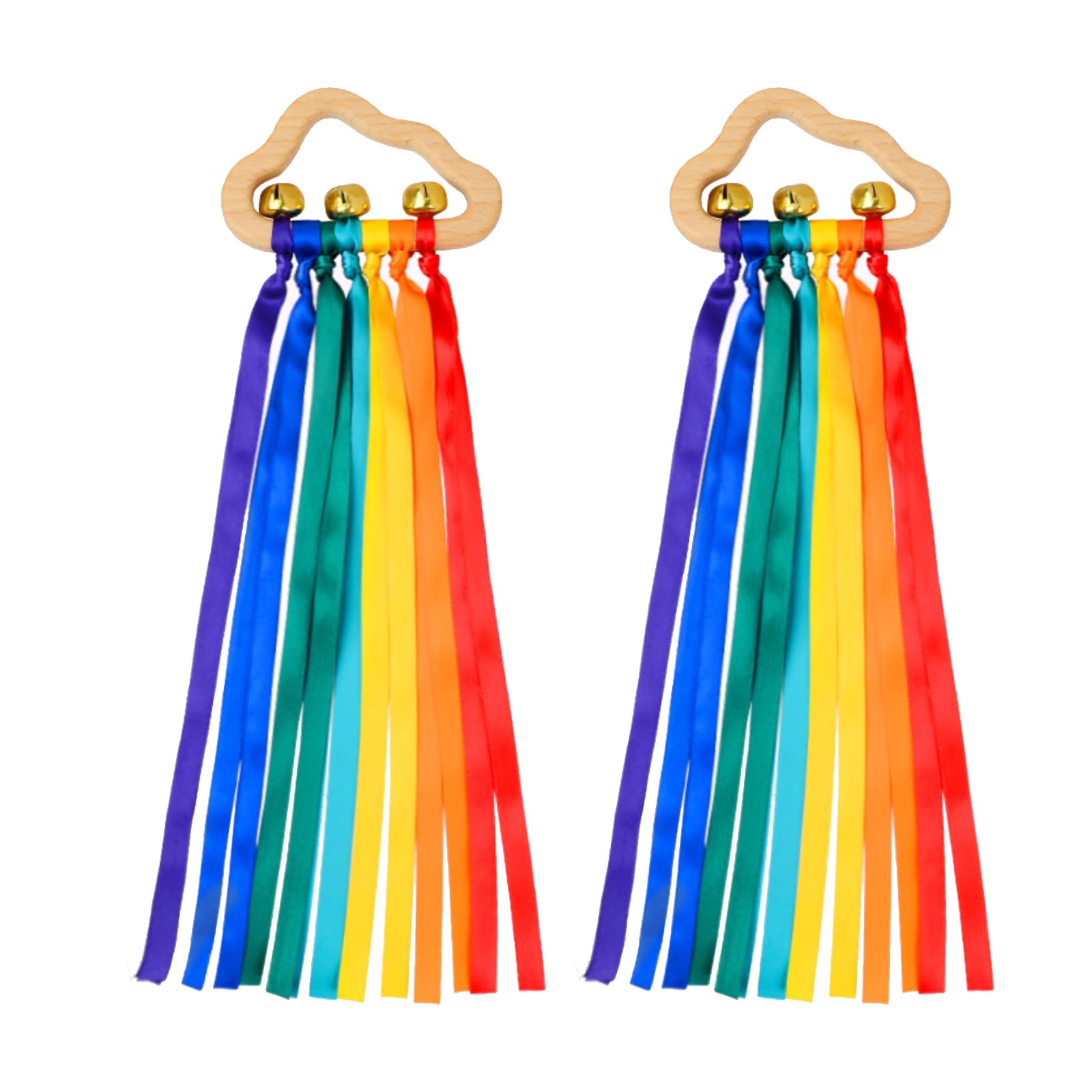 2Pcs Baby Wooden Sensory Rattle Toys, Rainbow Ribbons Rattle Toy, Colourful Ribbon Cloud Ring Play Toys with Bells, for Baby, Infants, Newborn, Toddlers, Boy, and Girl