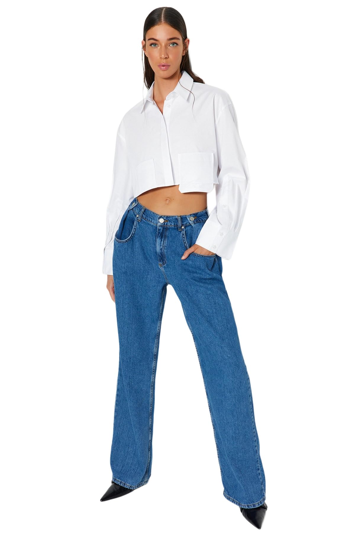 Trendyol Damen Wohnung Weites Bein Hohe Taille Jeans