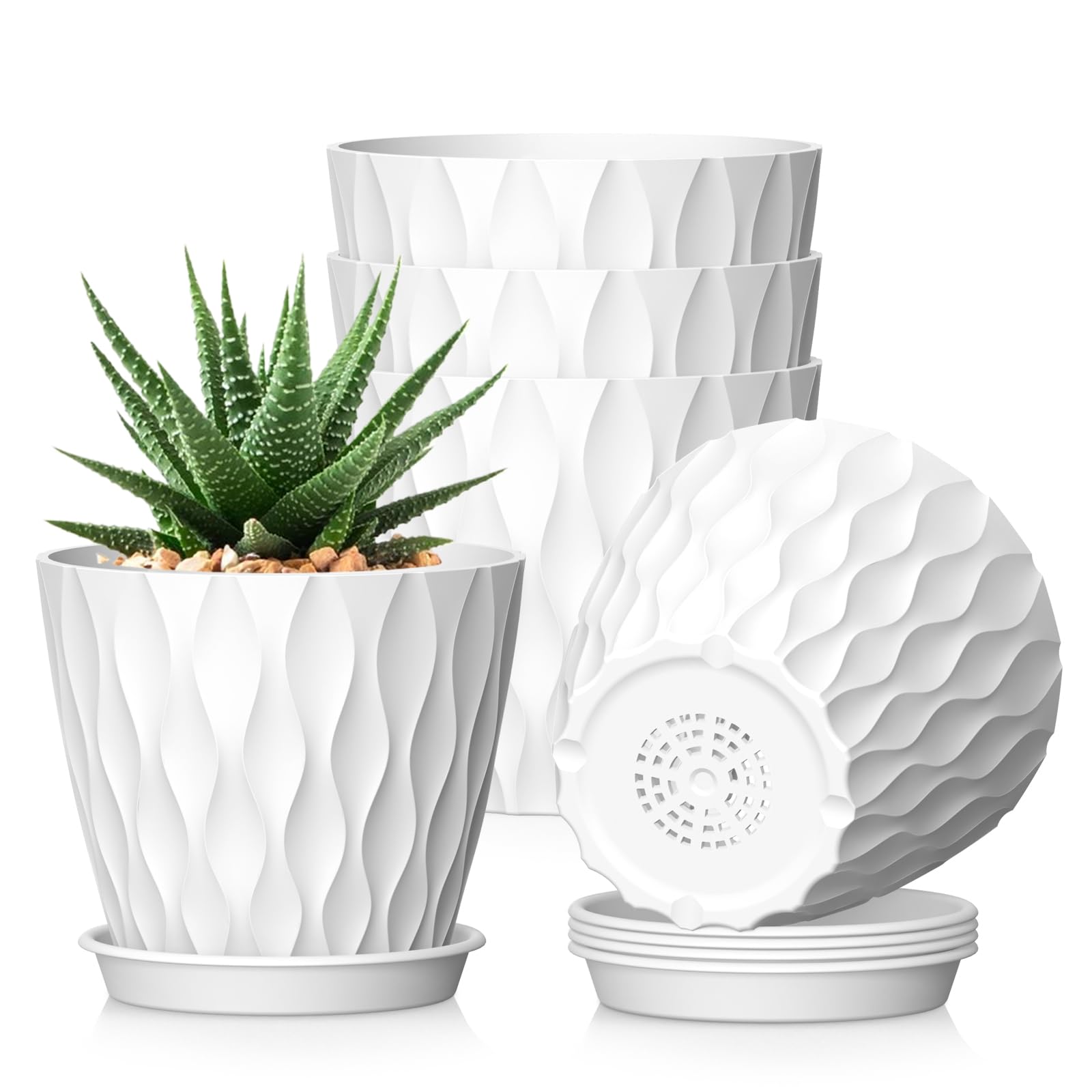 12.7 cm Indoor Plant Pot, 5 Pack Thick Plastic Flower Pots with Drainage Holes & Saucers, 3D Modern Wave Texture, Decorative Nursery Pots for Succulent, Cactus, Mint & Small House Plants, Black — view 31