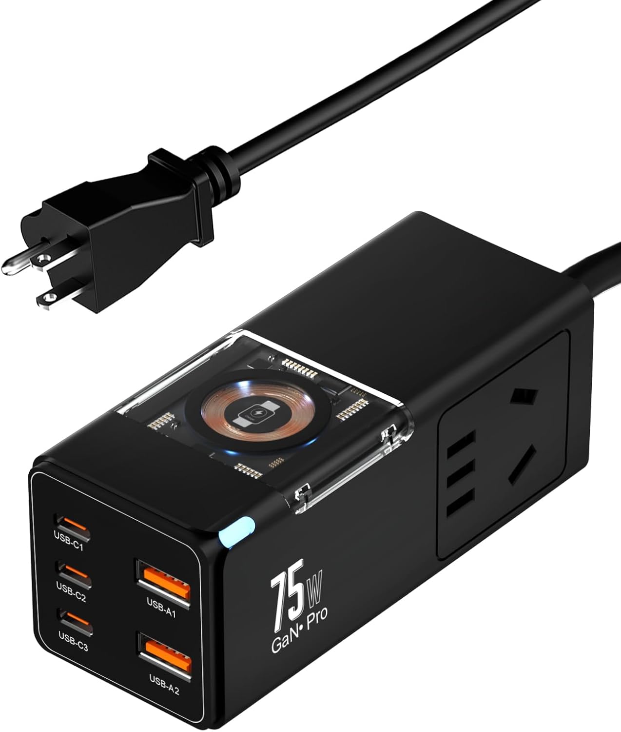 75W PD GaN3 Wall Rapid Charger Extension Cord with 3 U.S