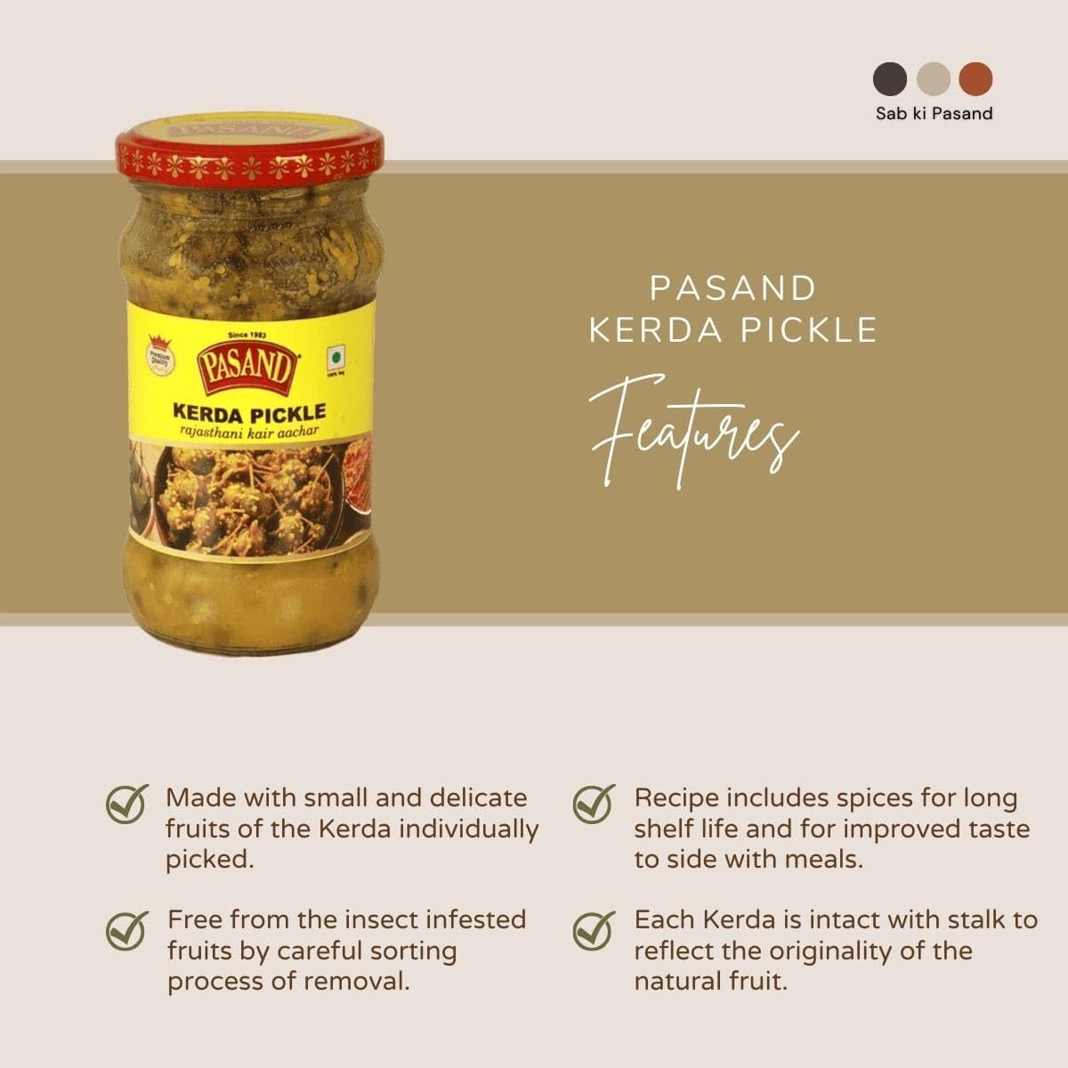 PASAND Kerda Pickle 280g | Traditional Ker Achar | Authentic Rajasthani Kair Pickle | Tangy & Spicy Desert Berry Pickle | Homemade Style | Glass jar 1