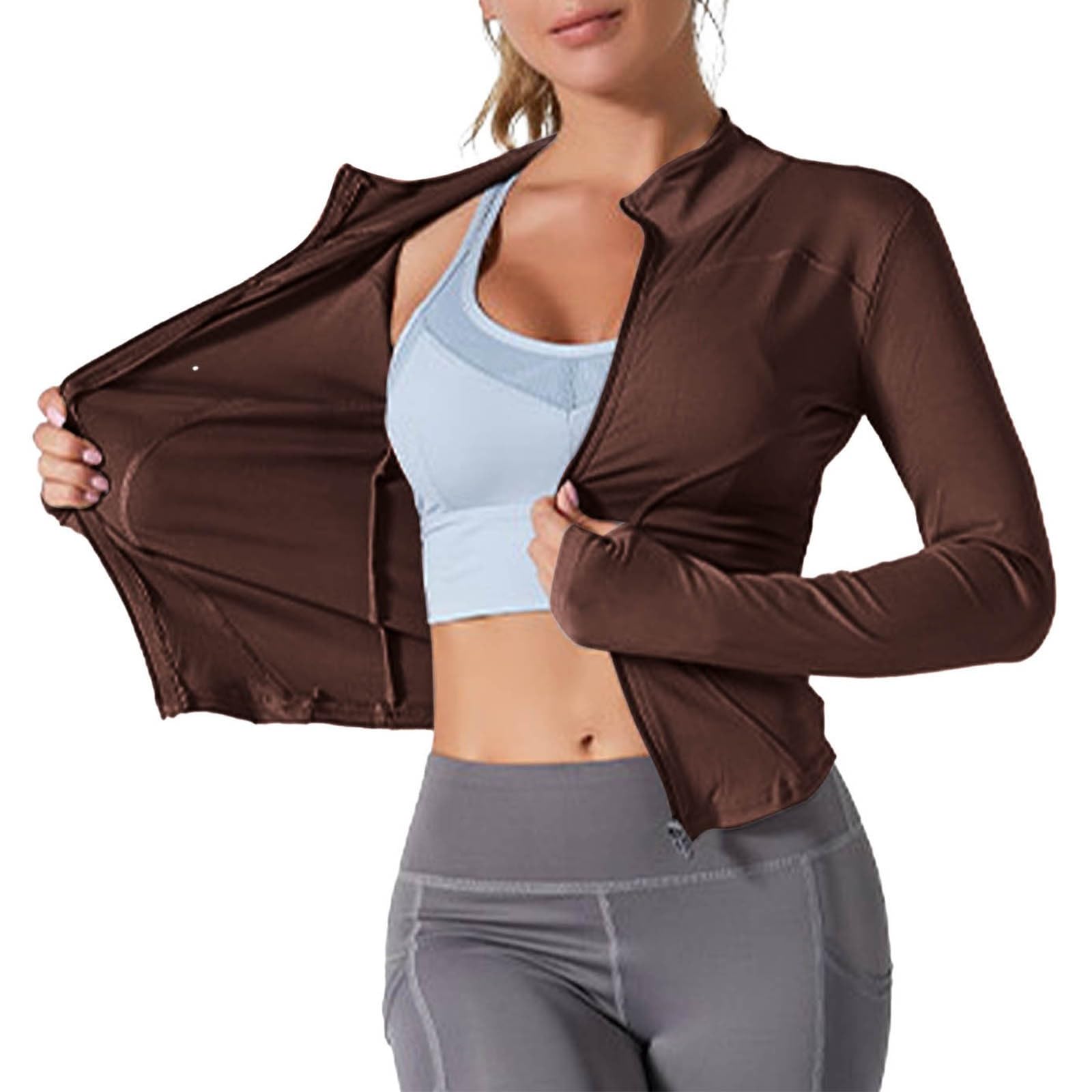 UPF50+ Sun Protection Full Zip Jacket for Women Long Sleeve Mock Neck Tops Quick Dry Slim Fit Yoga Workout Shirts(#01 Coffee,Small)