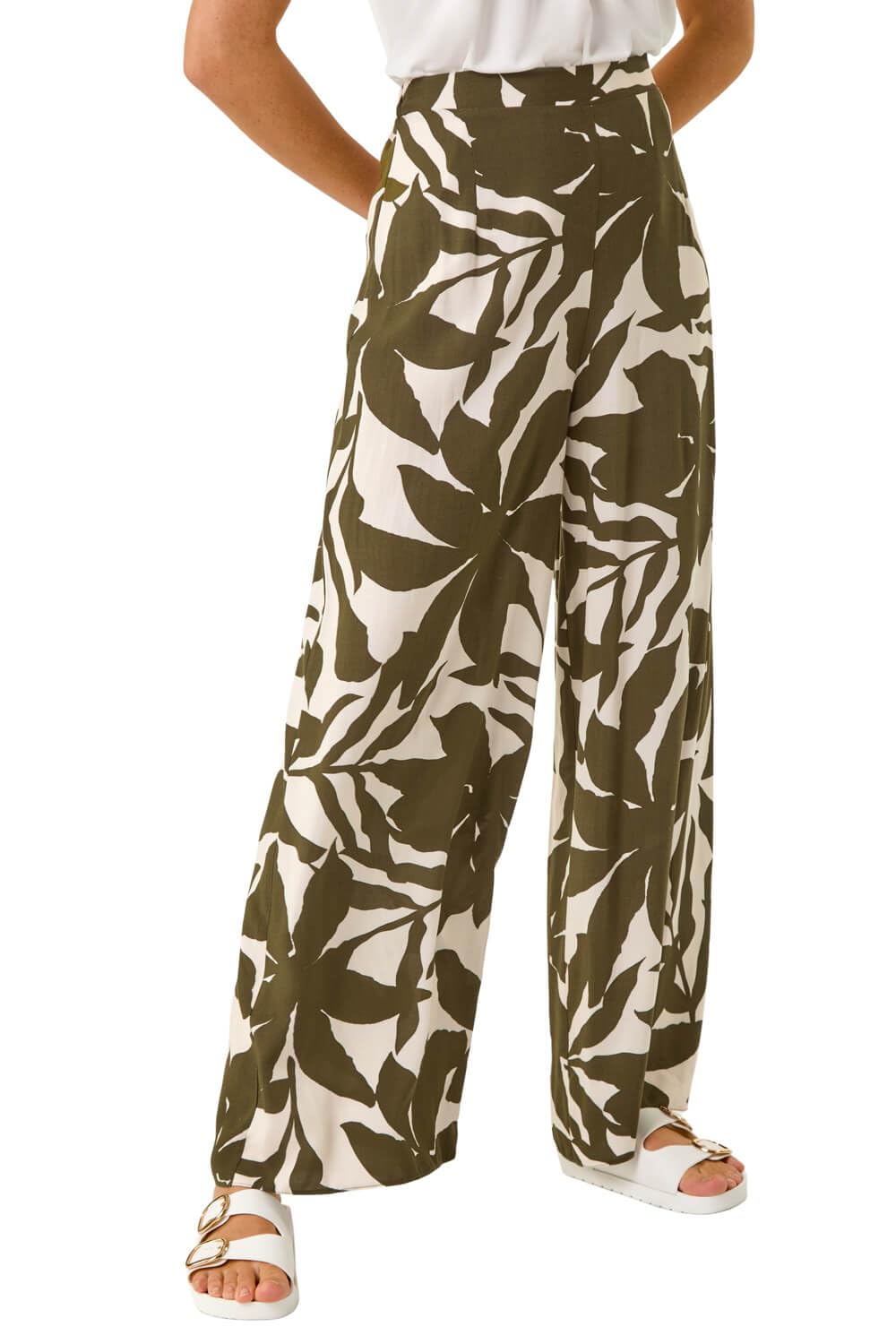 Roman Originals Women's Ivory Wide Leg Trousers For Uk Palazzo Pants Evening Jersey Elasticated High Waist Smart Flared Culotte Office Work Going Out Loose Crepe Bottoms - Size 18