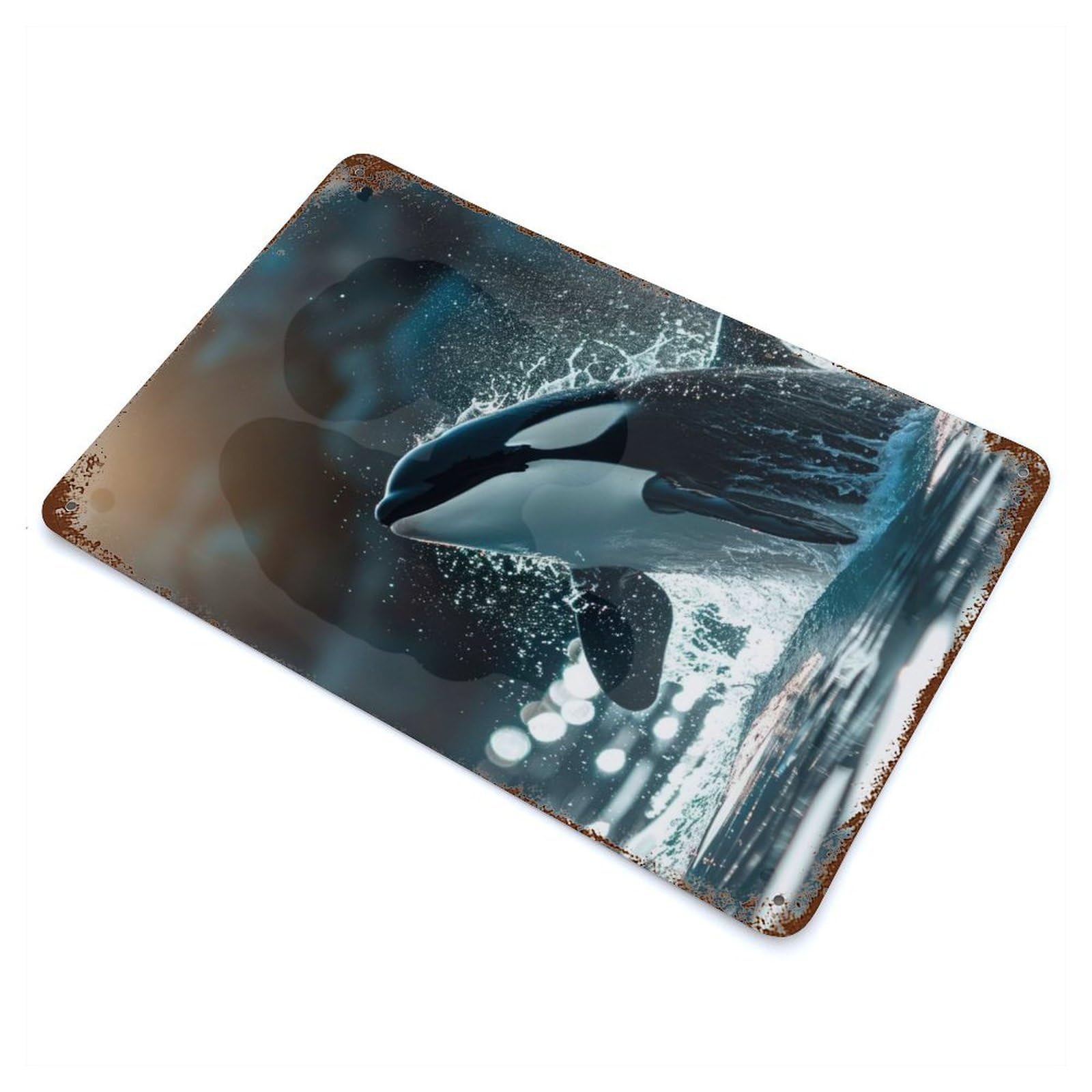 Garage Style Orca Whale Killer Rust Effect Tin Sign 11.8"x7.9", Vintage Wall Decor for Bar And Workshop