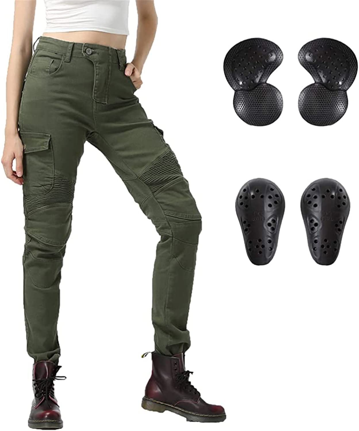 LINGKY Pantaloni da Moto da Donna Equitazione Pantaloni Motorcycle Biker Jeans Protezione Rinforzato Ginocchio Anca Pads (ArmyGreen,S)