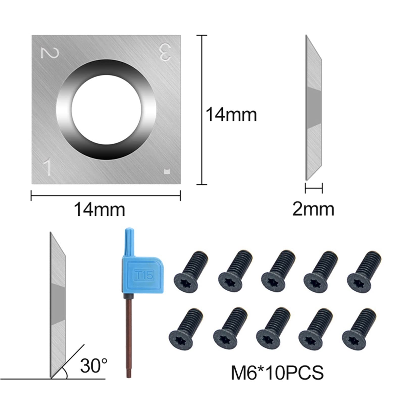 Płytki węglikowe do tokarek, 10 sztuk płytek tnących 10 sztuk płytek węglikowych frez 14x14x2mm 30 stopni 4 krawędzie kwadratowe zaokrąglone krawędzie ostrza do narzędzia tokarskiego do drewna(With Sc