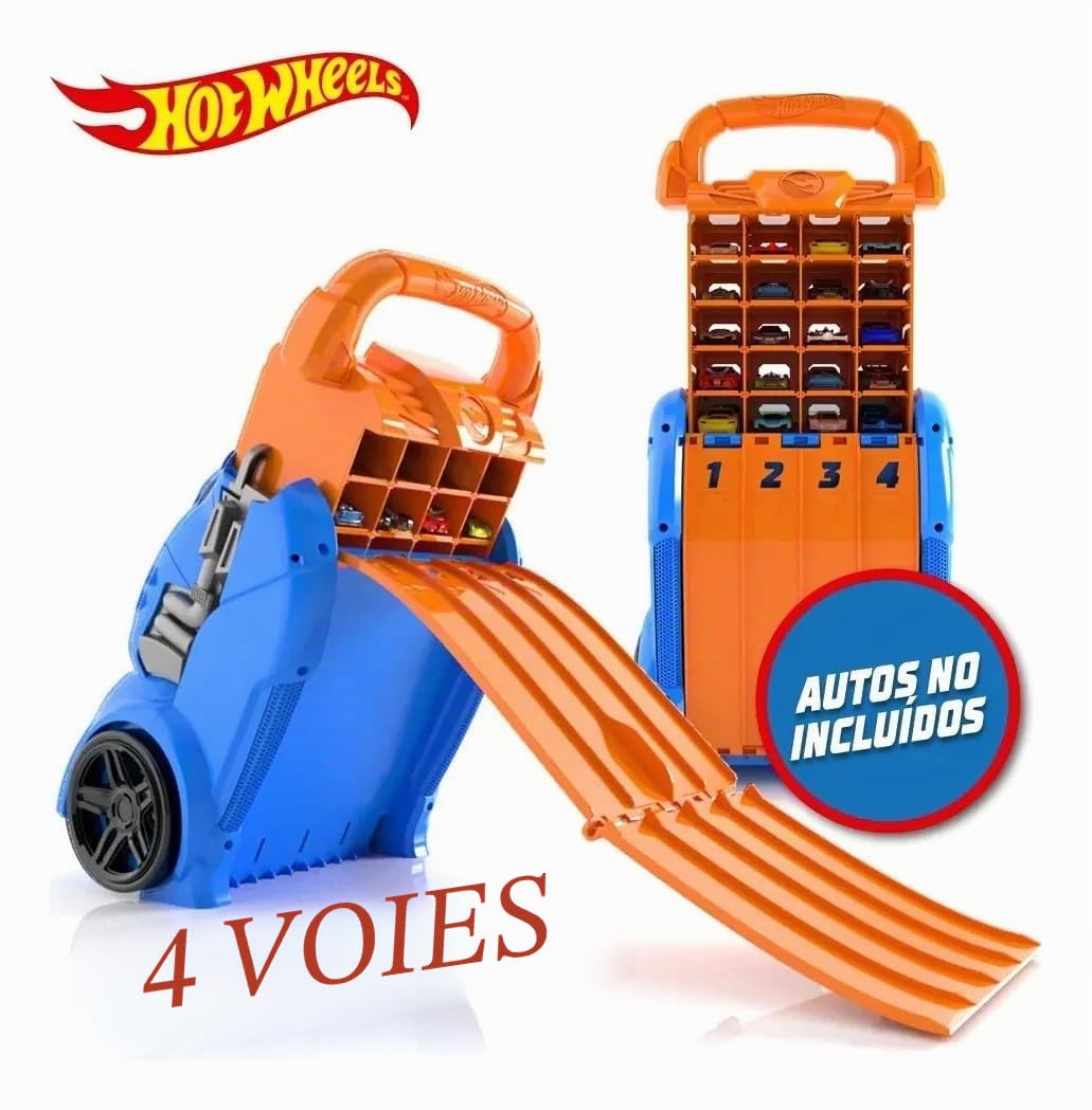 Cefa Toys HWCC14 Mallette de Protection de Voiture Lanceur Hot Wheels 2 en 1 avec capacité pour 20 Voitures. 4 Pistes différentes, Multicolore