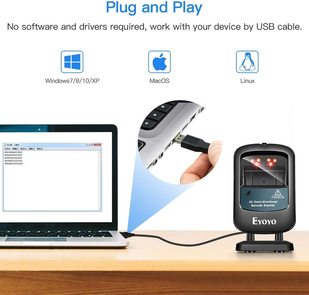 Buу 1 gеt 1 🔥 Eyoyo 2D Hands-Free Barcode Scanner, Omnidirectional USB Wired Desktop Barcode Reader 1D 2D PDF417 Data Matrix Bar Code Reader with Automatically Scanning for Retail Store Supermarket Mall Business