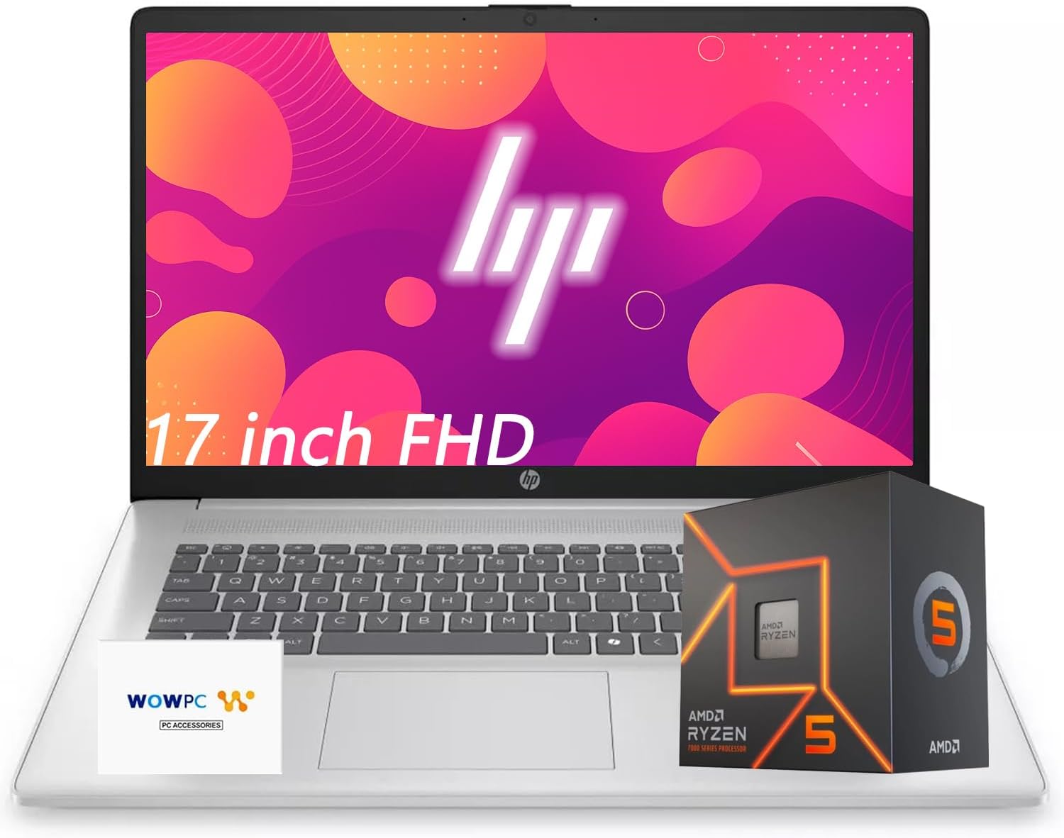 HP 17 nieuwe zakelijke laptop, 17,3" FHD IPS-scherm, AMD Ryzen 5 7000-serie CPU (beats Intel 13th i7-1355U), 8 GB RAM, 756 GB opslag (256 GB SSD + 500 GB extern), Windows 11, WOWPC USB, W/O oordopjes