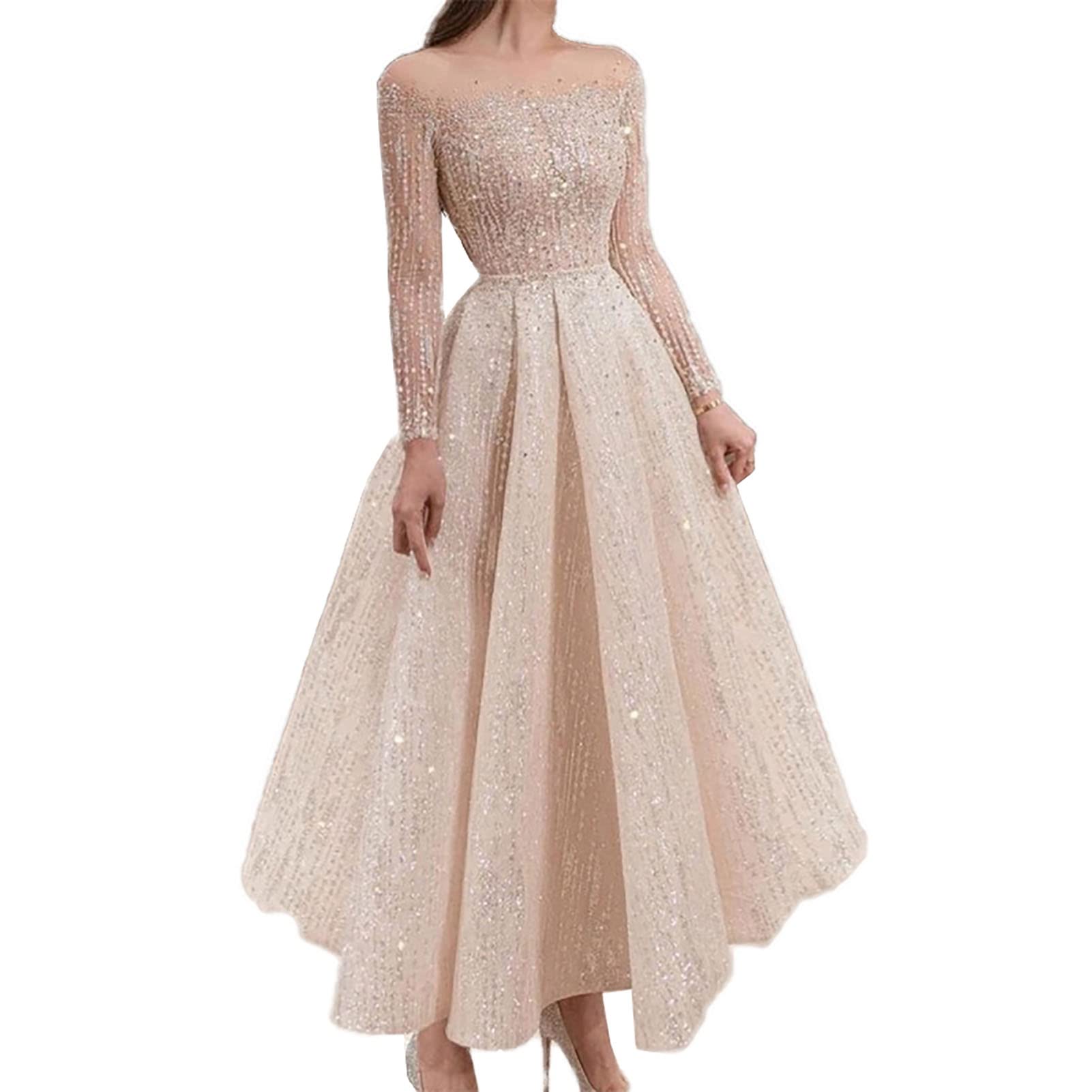 MGYAN Women's Elegant Sequin Off Shoulder Bodycon Formal Party Evening Dress Long Sleeves Sparkle Cocktail Dress S Pink