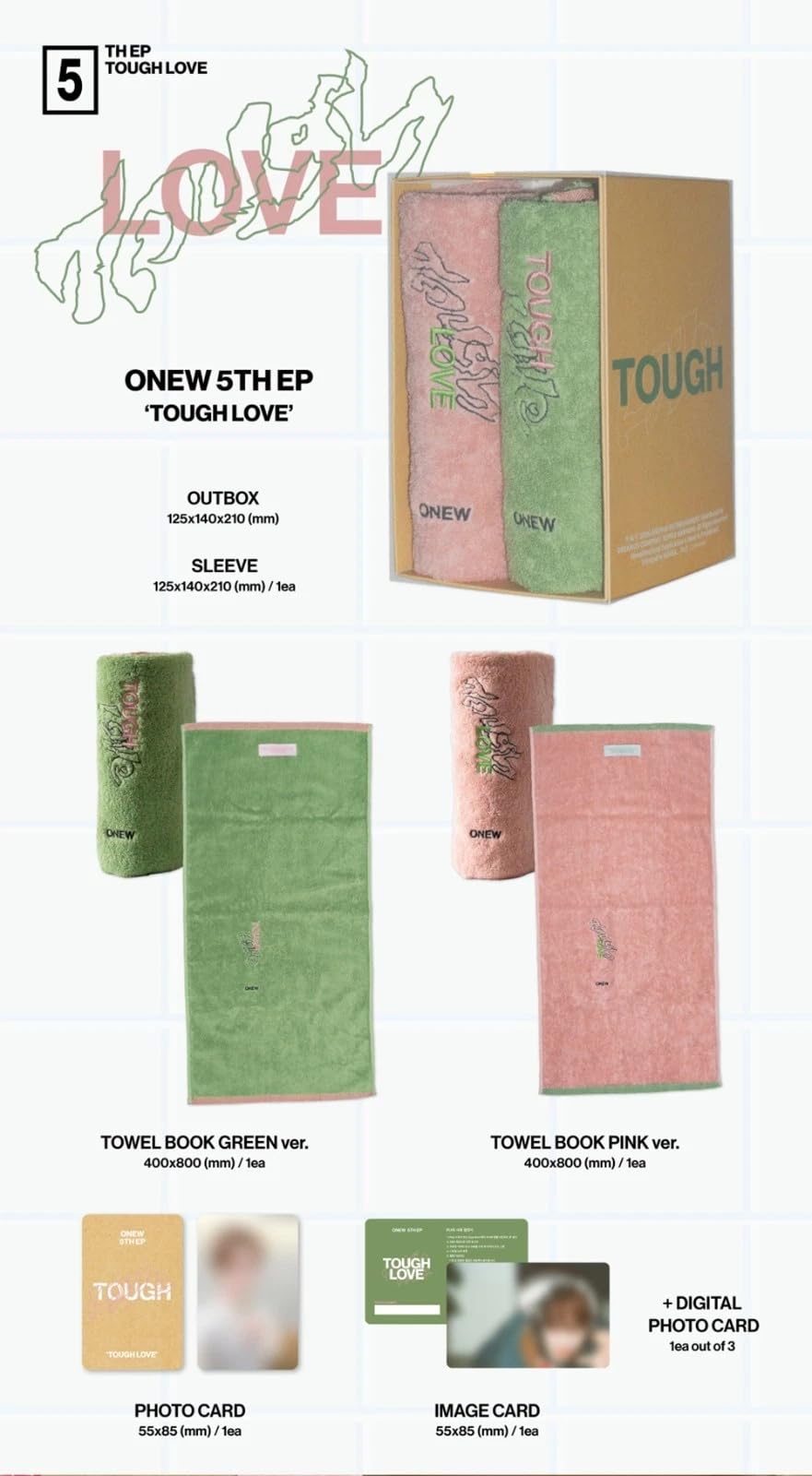 SHINee ONEW 5. mini album TOUGH LOVE TOWEL BOOK 2 Ver. ZESTAW - wersja zielona i różowa, 2 ręczniki + 2 karty fotograficzne + 2 karty graficzne