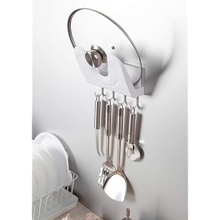 Amazon 鍋蓋収納 鍋蓋スタンド 壁掛け 鍋のふた キッチン収納 鍋置きラック キッチン棚 食器ラック 鍋蓋置き 強力粘着固定 穴あけ不要 ホワイト 可動ホックが4つついている キッチンラック オンライン通販