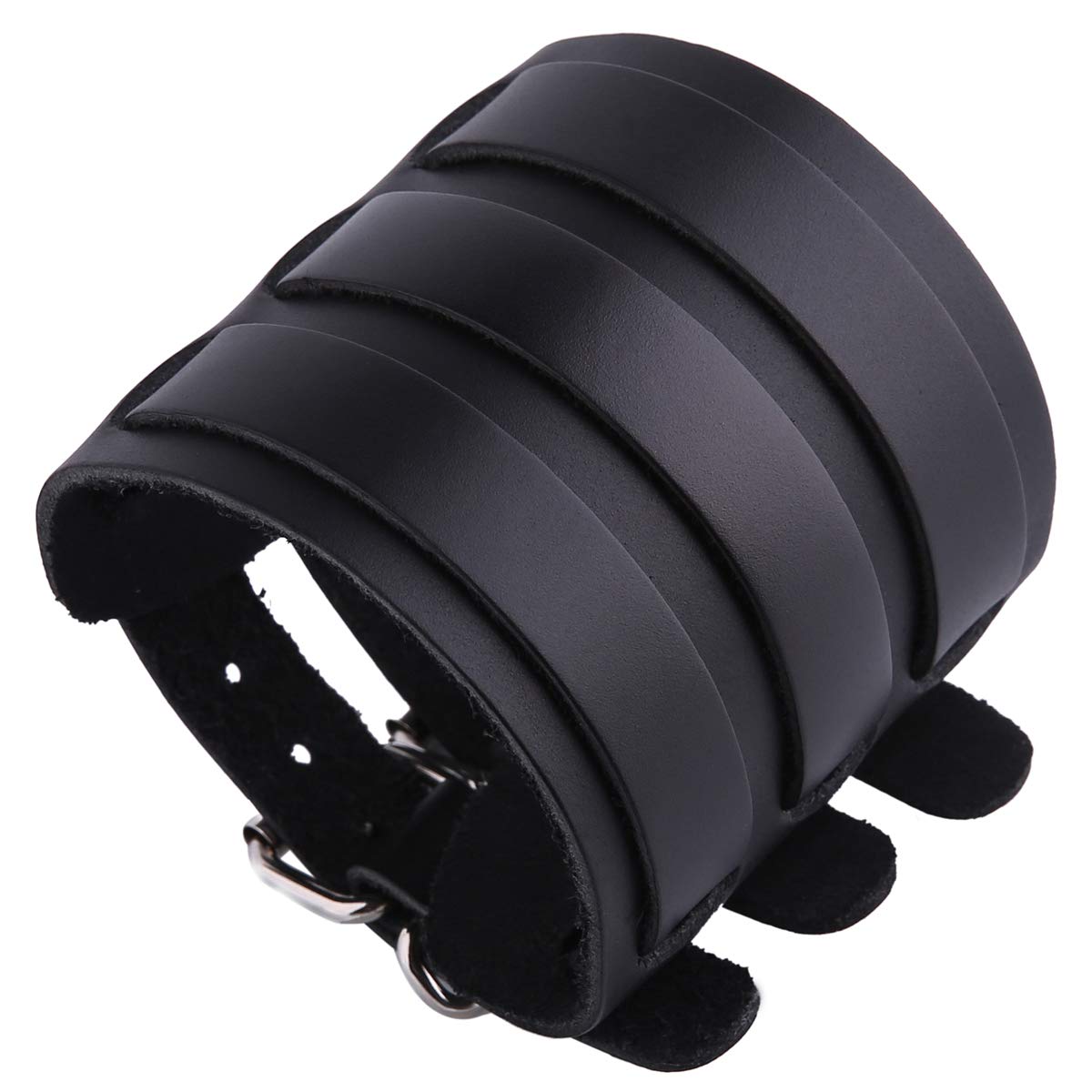 STWTROMAI Men's Leather broadband Cuff Bracelet Guard Wristband Alloy Fastening Armor Cuffs Black-2.7 inches wide