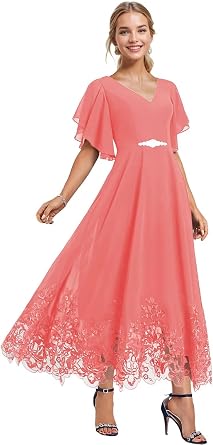 GATMAHE Mother of The Bride Dresses for Wedding Tea Length Flutter Sleeve V Neck Lace Applique Mother of The Groom Dresses