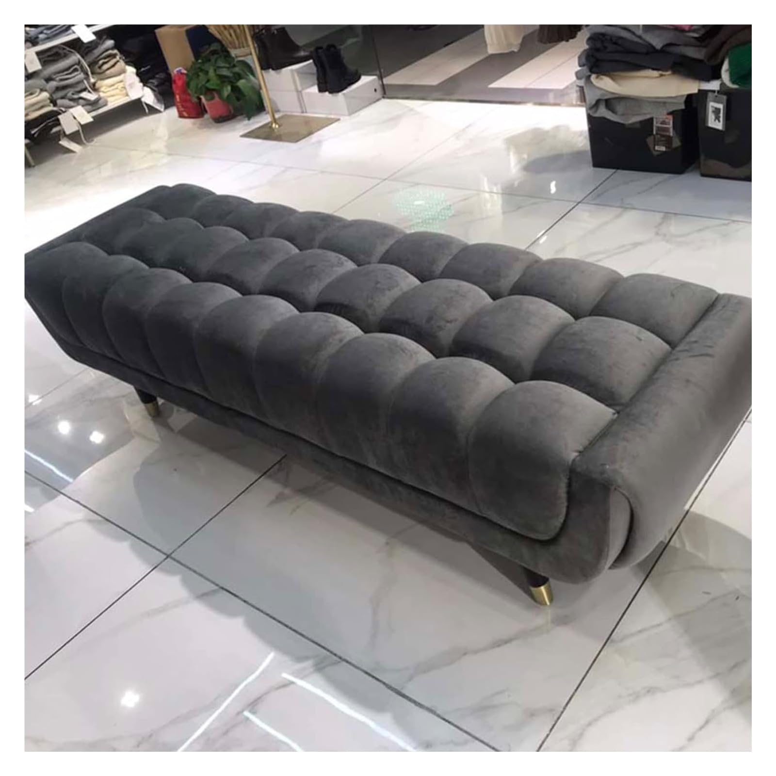 Ottoman velours gris foncé 100x45x45 cm avec pieds dorés pour chambre
