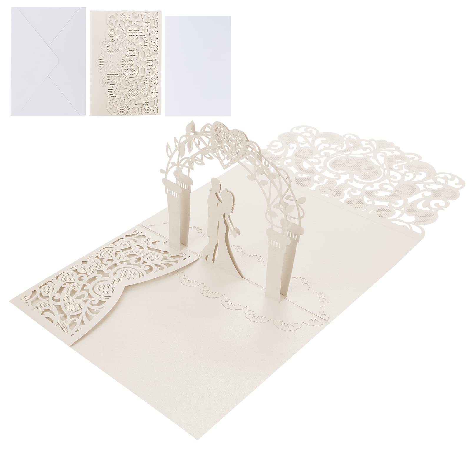 Wedding Cards for Bride and Groom,3D Pop Up Lovely Wedding Day Greeting Cards with Envelope for Bride and Groom Wedding, Valentine's Day Anniversary (White)