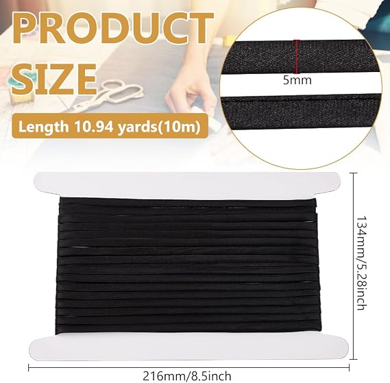 BENECREAT 10.94 Yards Black Satin Corset Strap, 1/4 Inch Wide Corset Back Lace-up Straps Adjustable Wedding Corset Satin Ribbon for Garment Accessories
