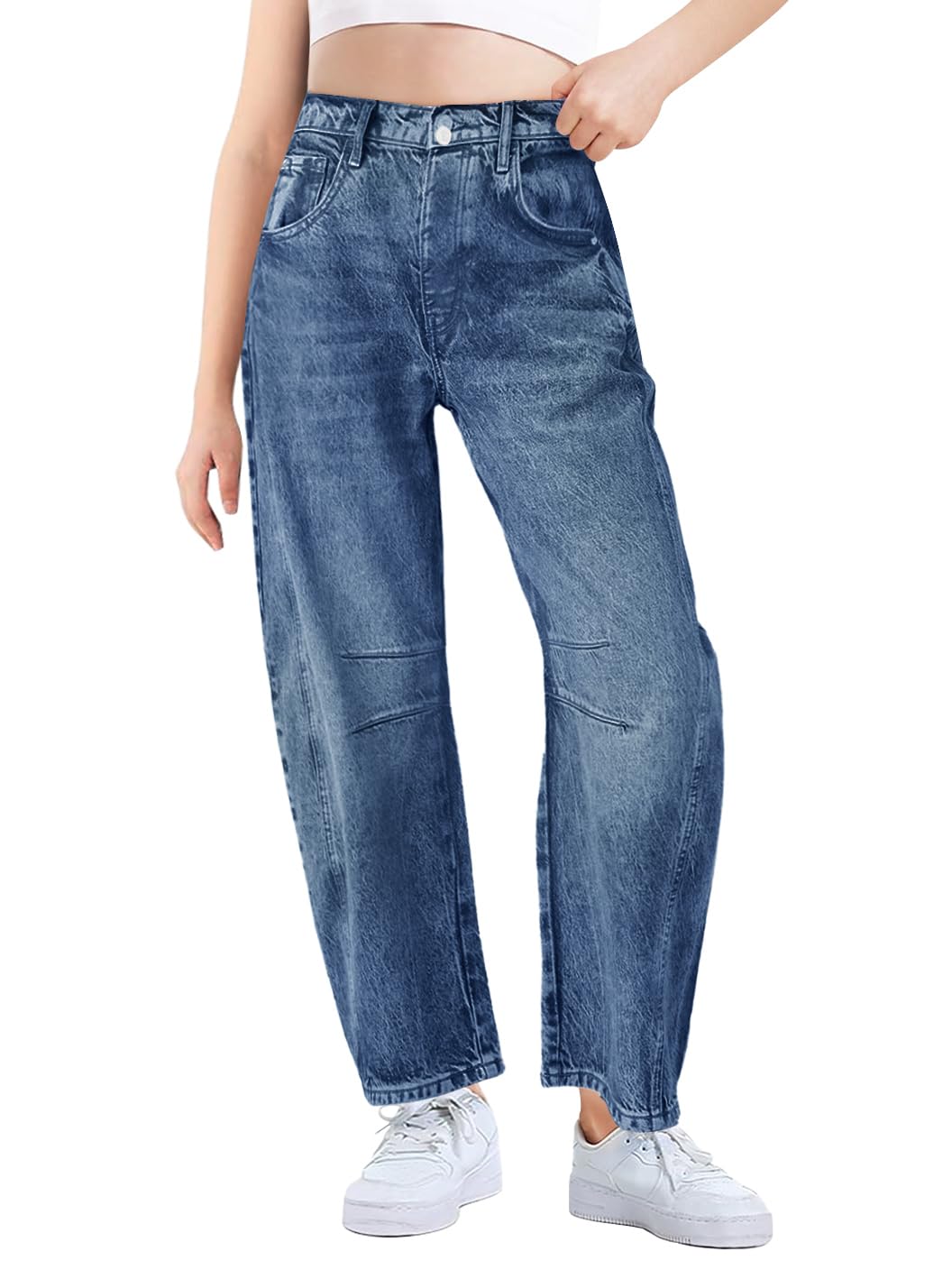 Haloumoning Jeans a gamba larga da bambina, alla moda, con elastico in vita, pantaloni larghi in denim con tasche, 5-14 anni
