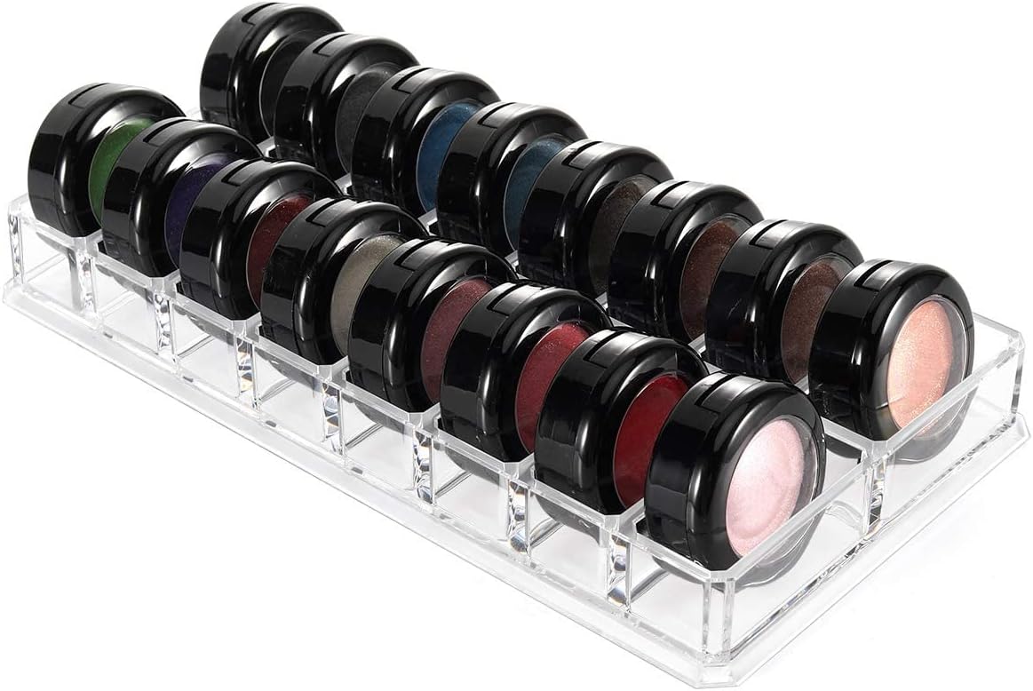 Luxspire Acrylic Eyeshadow Organizer, Makeup Drawer Organizer 16 Slots Cosmetic Makeup Organizer for Pots, Eyeshadows, Mini Highlighter Blush Display Storage Case Beauty Care Holder Container - Clear