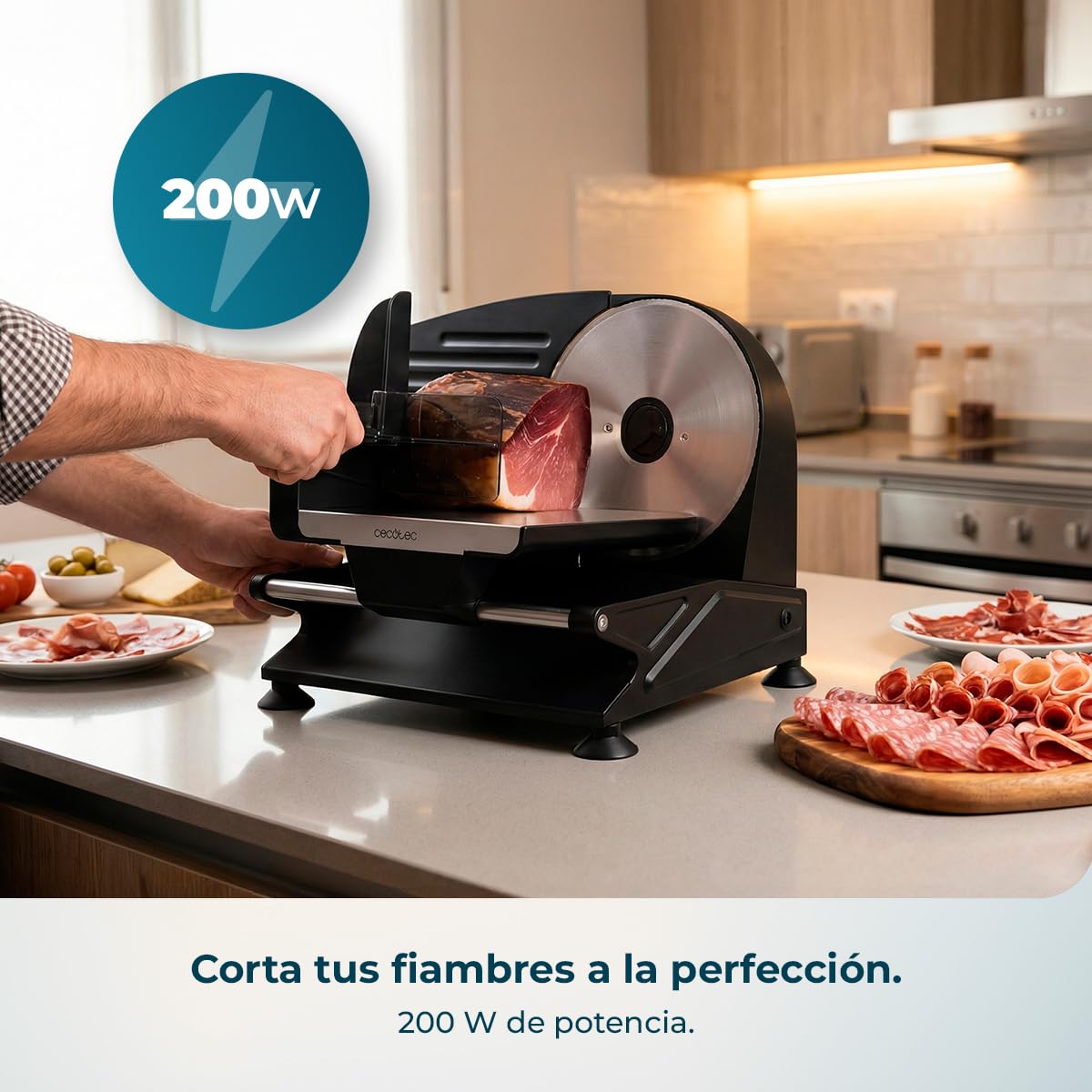 Cecotec Cortafiambres de Acero Rock'nCut Shuriken Steel ProBlades. 200W, Cuchilla Alemana Solingen 190mm, Ajuste Grosor 0-15mm, Disco Extraíble QuickOut, Cortes Finos y Precisos