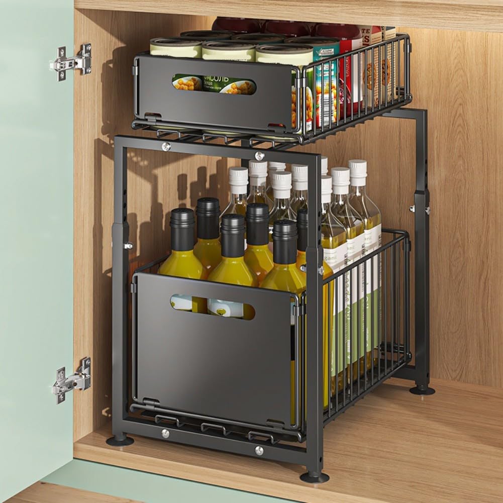 Organizer pod zlew z wysuwanymi półkami, regulacja wysokości 41–49 cm, stalowy schowek do szafek kuchennych i łazienkowych (czarny)