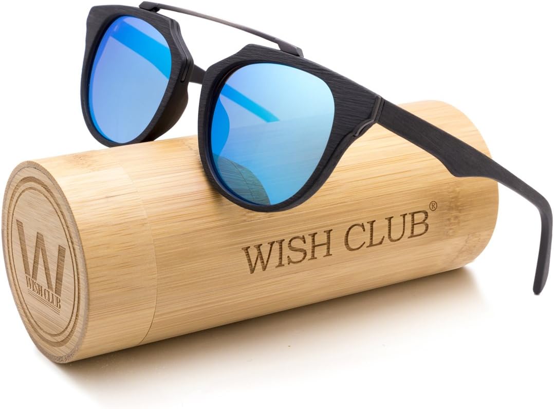 WISH CLUB Fashion Wood Frame Polarized Lenses Sunglasses for Women and Men with Box UV400 Protection
