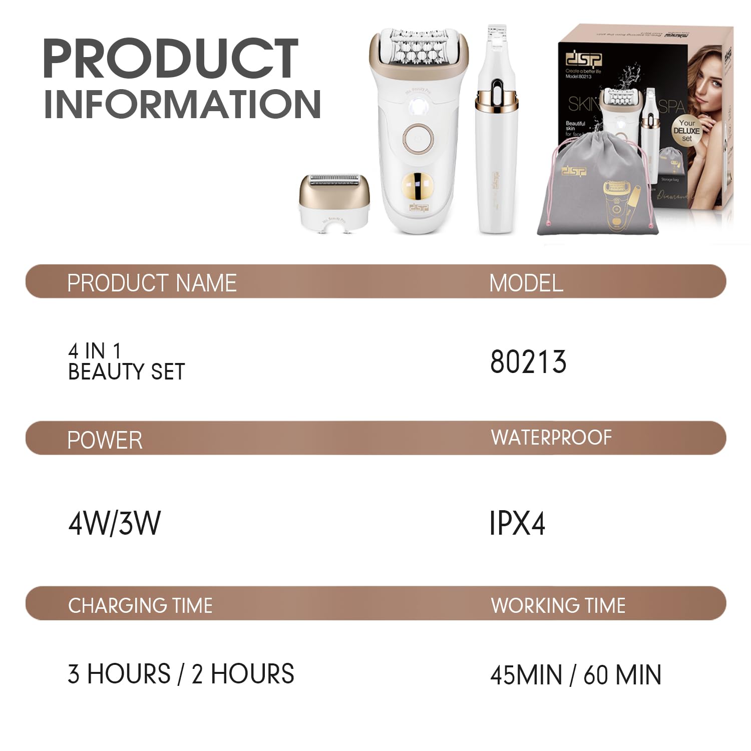 DSP Kit de beauté 4 en 1 pour femme : épilateur, appareil d'épilation, rasoir électrique et tondeuse, étanche avec charge rapide, accessoires inclus – Appareil parfait pour la maison