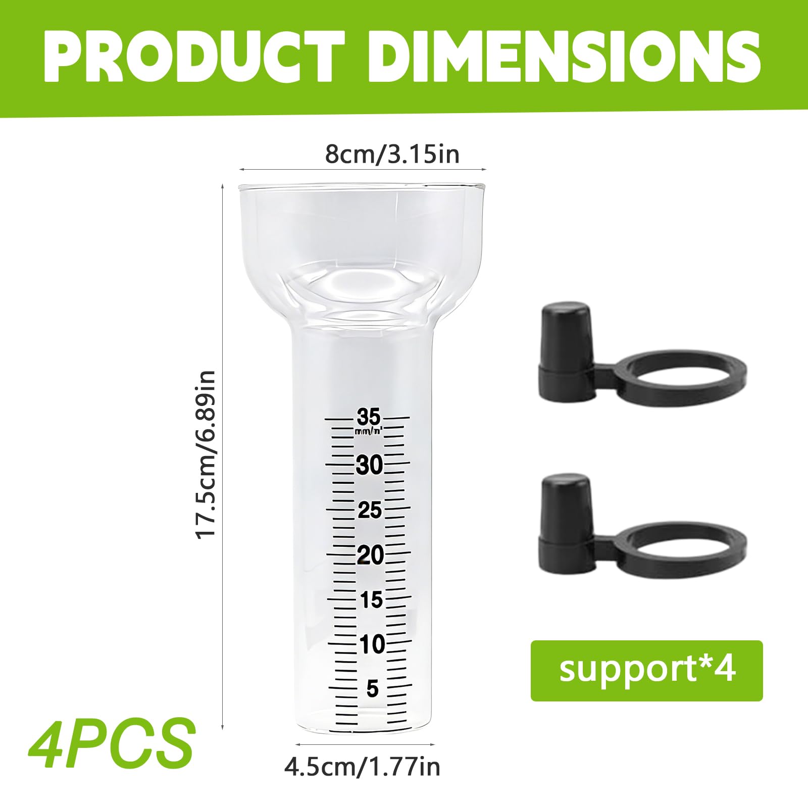 Lot de 4 Pluviomètres, Pluviometre Exterieur Jardin avec Support, Pluviomètre en Verre RéSistant de 35 mm, Mesureur de Pluie et de Précipitations, pour Cour, Jardin et Espaces Extérieurs